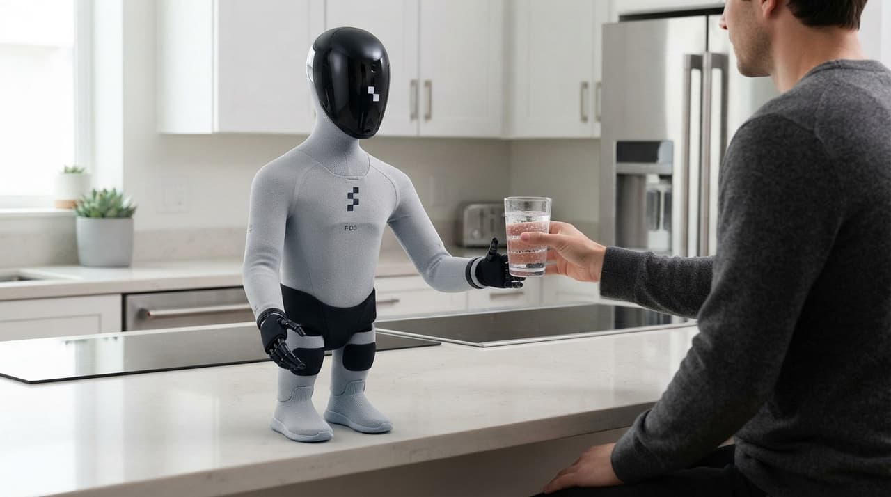 Grauer Humanoid reicht einer Person ein Glas Wasser über eine helle Küchentheke (KI-Illustration)