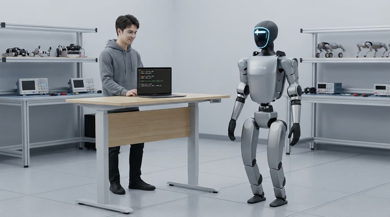 Unitree G1 im Robotik-Labor — die meistverkaufte Entwickler-Plattform 2026 (KI-Studio-Darstellung)