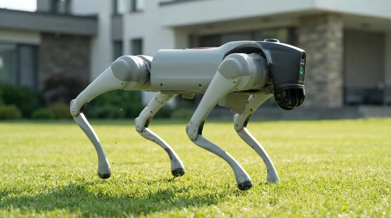 Weißer Roboterhund trabt über einen sonnigen Garten-Rasen neben einem modernen Haus (KI-Illustration)