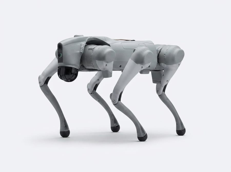 Unitree Go2 in Seitenansicht — grauer Roboterhund mit Sensor-Kuppel (KI-Studio-Darstellung nach CC-BY-Fotoreferenz)