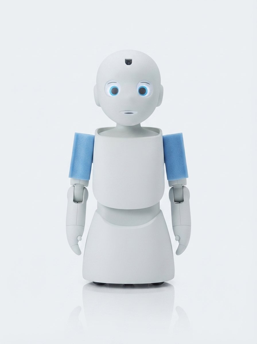 navel Sozialroboter frontal im Studio — kleiner weißer Pflege-Roboter mit großen freundlichen Augen (KI-Studio-Darstellung nach offiziellem navel-robotics-Videomaterial)
