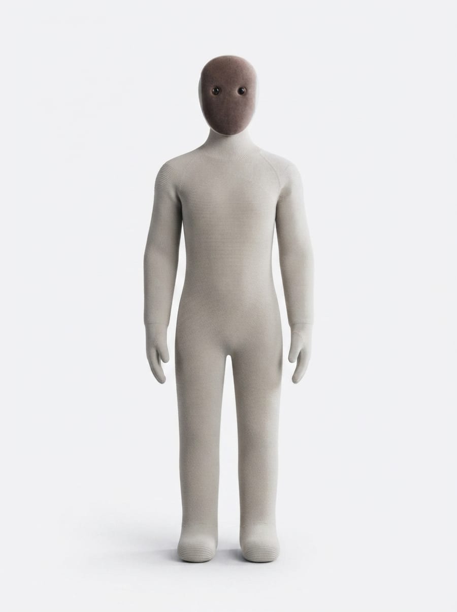1X NEO im Studio — Humanoid mit beigem Strick-Anzug (KI-Studio-Darstellung nach 1X-Pressematerial)