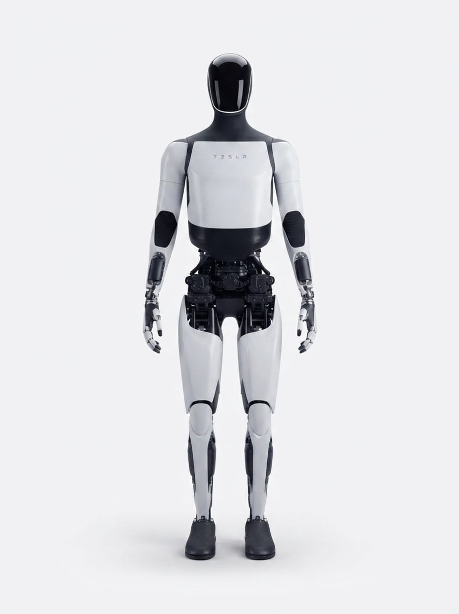 Tesla Optimus frontal im Studio — weißer Körper, schwarzes Visier (KI-Studio-Darstellung auf Basis von Tesla-Pressematerial)
