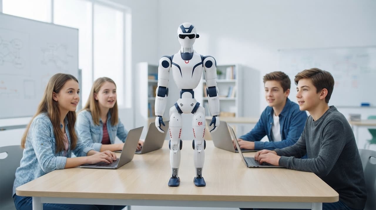 Kleiner humanoider Roboter auf einem Tisch in einem hellen Klassenzimmer, drei Jugendliche mit Laptops schauen zu (KI-Illustration)