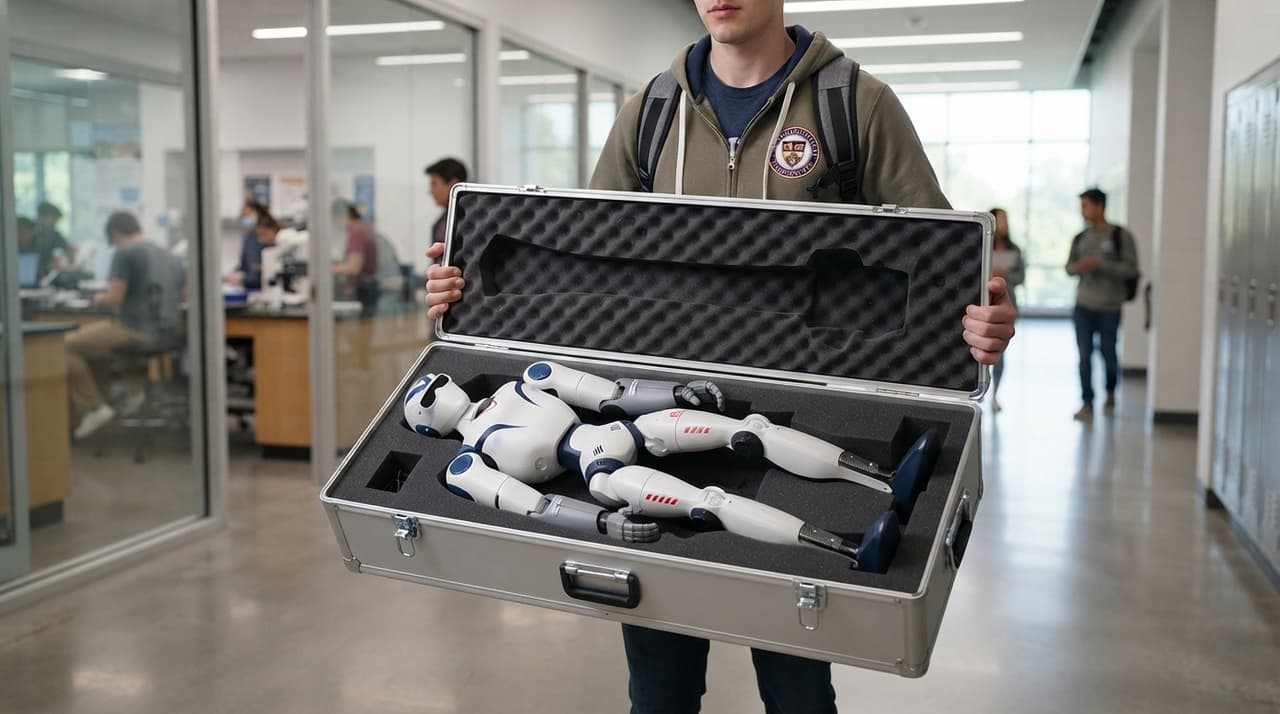 Studentin trägt einen kleinen humanoiden Roboter in einem gepolsterten Transportkoffer durch einen hellen Uni-Flur (KI-Illustration)